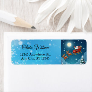 Cute Santa & Flying Reindeer Night Sky Christmas Return Address Label