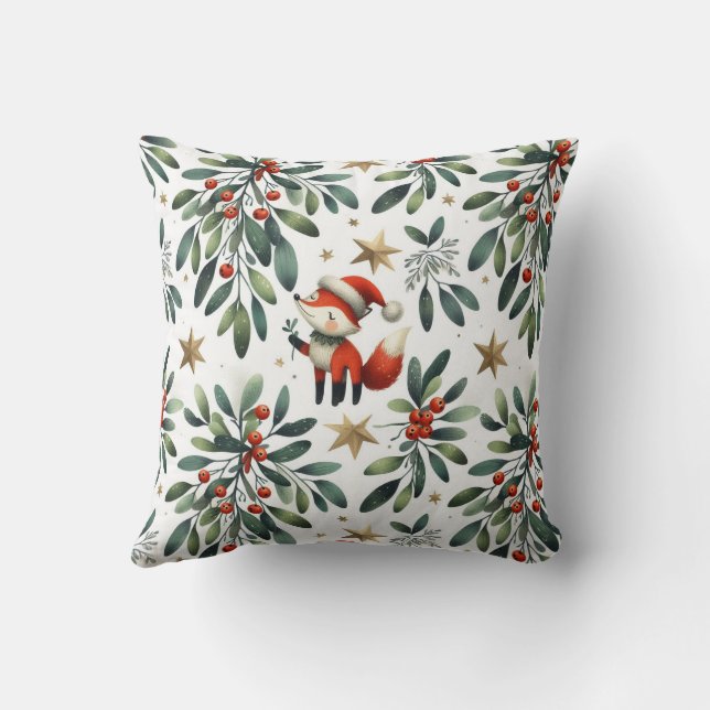 Cute Santa Fox Mistletoe branch Cushion (Back)