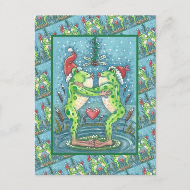 CUTE SANTA FROGS KISSING UNDER DRAGONFLY MISTLETOE POSTCARD (Front)