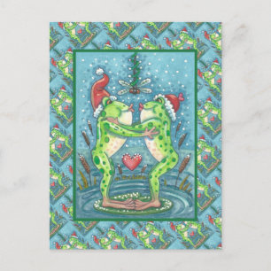 CUTE SANTA FROGS KISSING UNDER DRAGONFLY MISTLETOE POSTCARD