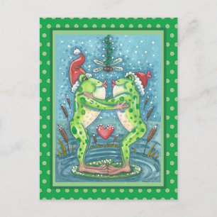 CUTE SANTA FROGS KISSING UNDER DRAGONFLY MISTLETOE POSTCARD