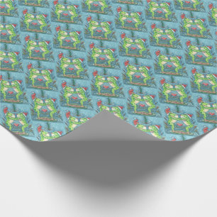 CUTE SANTA FROGS KISSING UNDER DRAGONFLY MISTLETOE WRAPPING PAPER