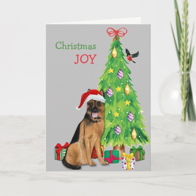 Cute Santa German Shepherd Dog and Christmas Tree Holiday Card (Front)