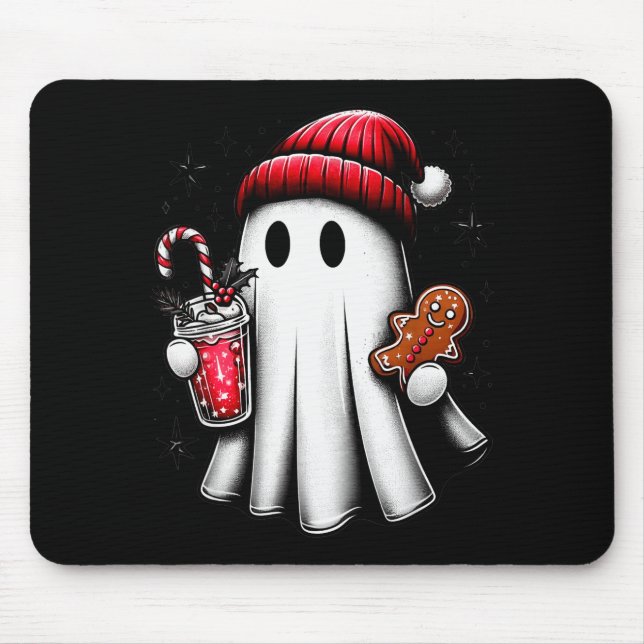 Cute Santa Ghost Drinking Coffee Ice Coffee Christ Mouse Pad (Front)