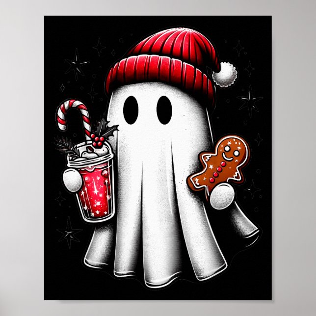 Cute Santa Ghost Drinking Coffee Ice Coffee Christ Poster (Front)