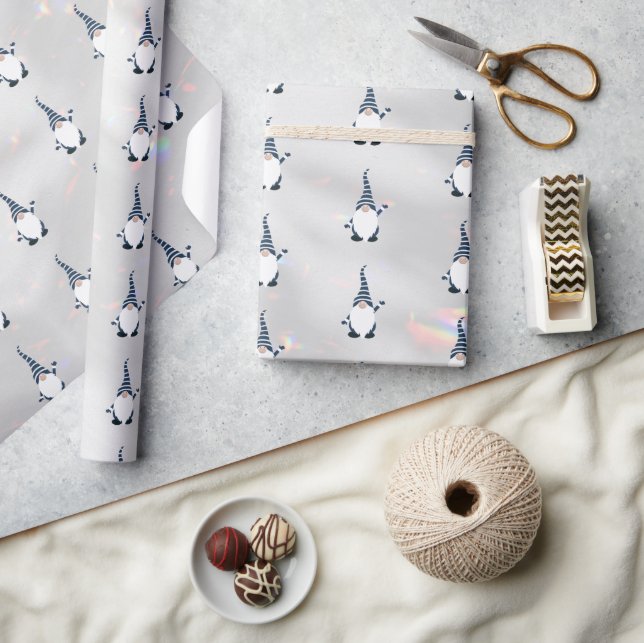 Cute Santa Gnome Blue Pattern Sparkly White Fun Wrapping Paper (Crafts)