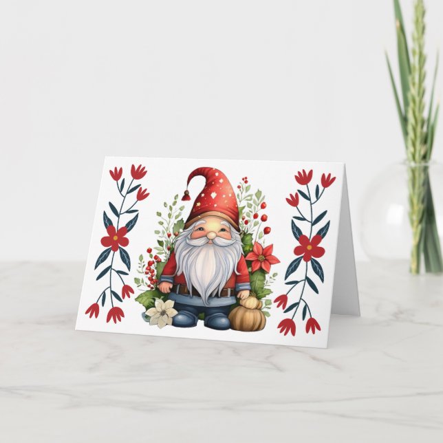Cute Santa Gnome & Florals Blank Christmas Card (Front)