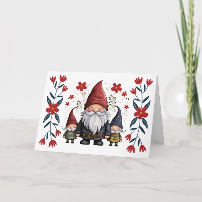 Cute Santa Gnome & Florals Blank Christmas Card (Front)