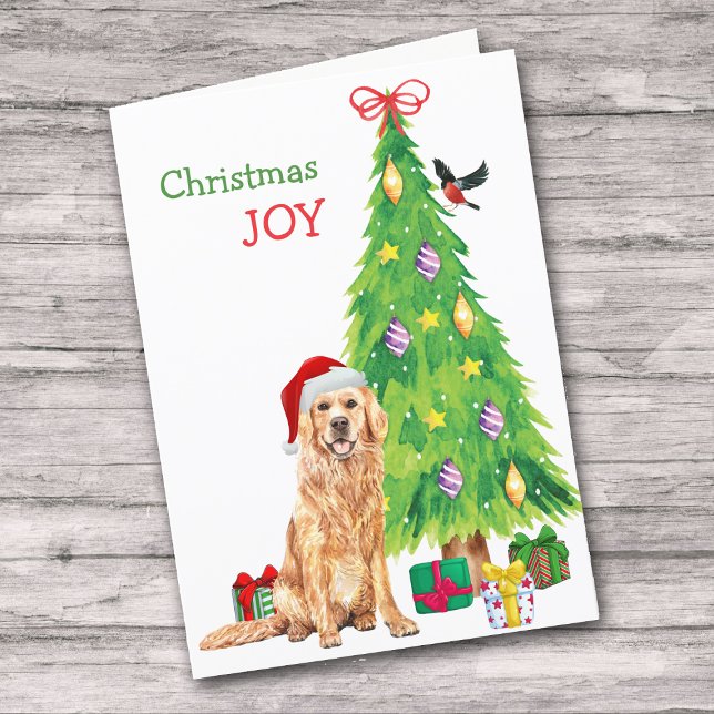 Cute Santa Golden Retriever and Christmas Tree Holiday Card (Creator Uploaded)