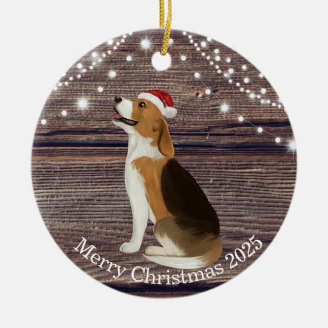 Cute Santa Hat Beagle Christmas Ceramic Ornament (Front)