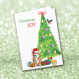 Cute Santa Hat Corgi Dog and Tree Christmas Holiday Card