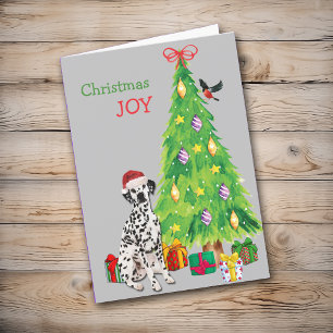 Cute Santa Hat Dalmatian Dog and Christmas Tree Holiday Card