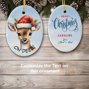 Cute Santa Hat Deer Fawn Kids Ceramic Ornament
