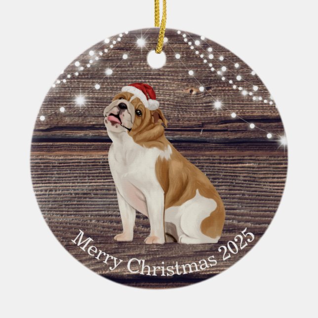 Cute Santa Hat English Bulldog Christmas  Ceramic Ornament (Front)
