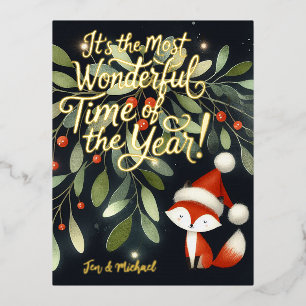 Cute Santa Hat Fox under Mistletoe Foil Invitation Postcard