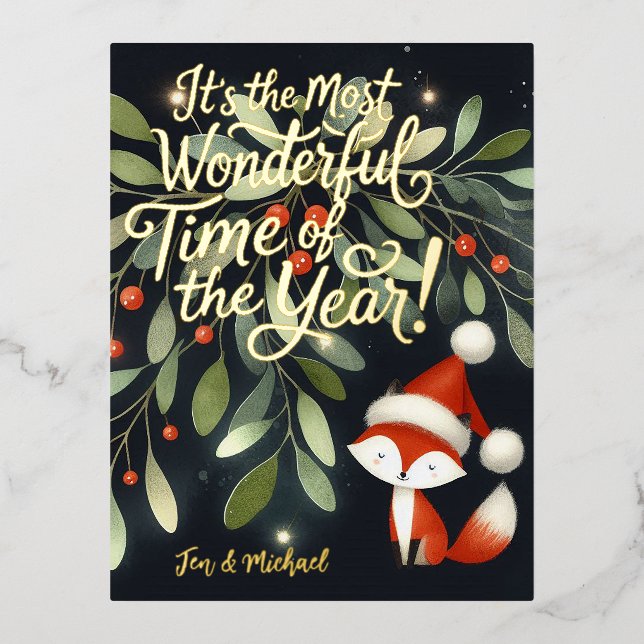 Cute Santa Hat Fox under Mistletoe Foil Invitation Postcard (Front)