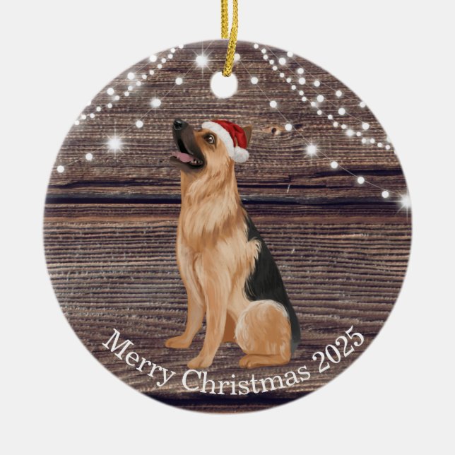 Cute Santa Hat German Shepherd Christmas Ceramic Ornament (Front)