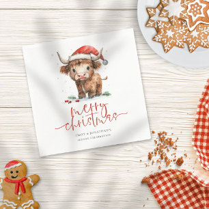 Cute Santa Hat Highland Cow Name Merry Christmas Napkin