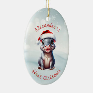 Cute Santa Hat Hippopotamus First Christmas Snowy Ceramic Ornament