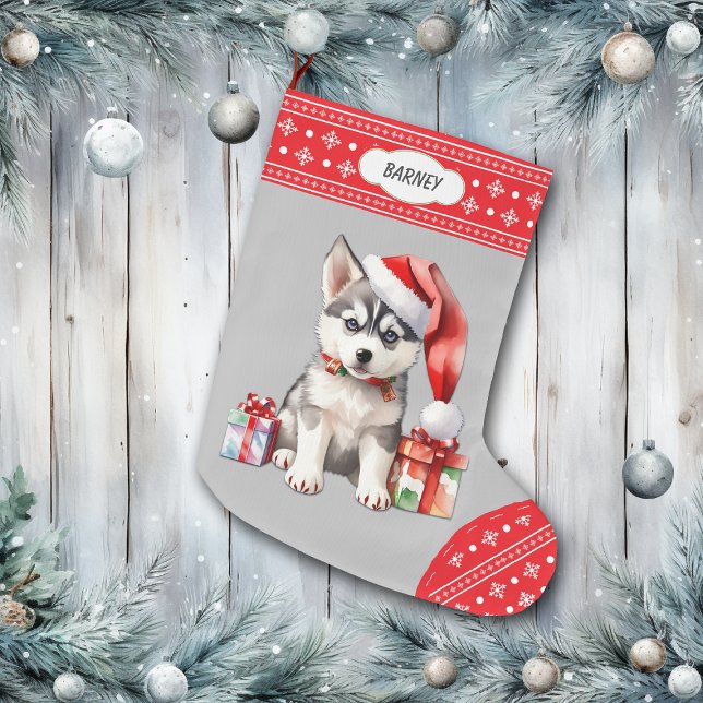 Cute Santa Hat Husky Puppy Snowflake Border Large Christmas Stocking (Creator Uploaded)