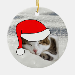 Cute Santa Hat Kitten Sleeping Christmas Ornament