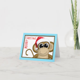 Cute Santa Hat Monkey Aqua "Merry Christmas" Card