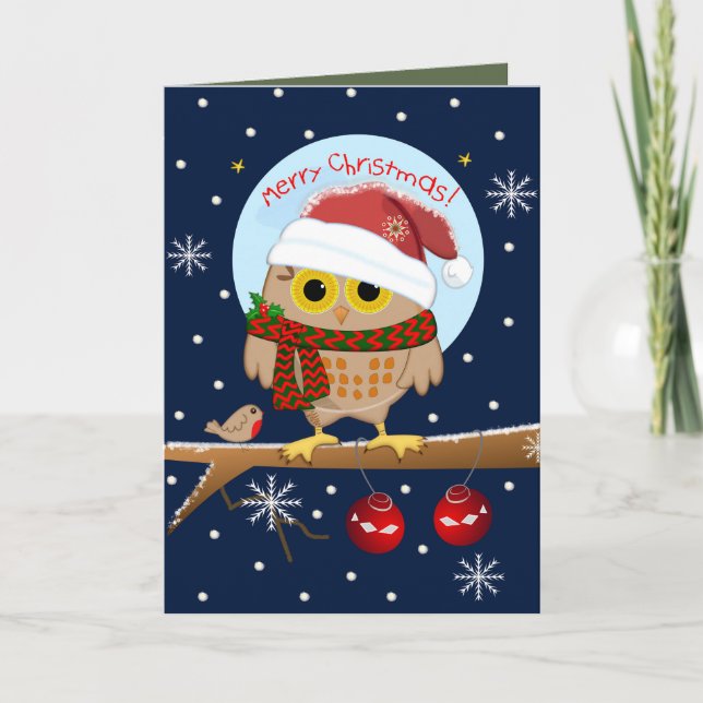 Cute Santa hat Owl & custom text Holiday Card (Front)
