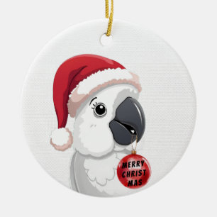 Cute Santa Hat Parrot  Red & White Christmas Ceramic Ornament
