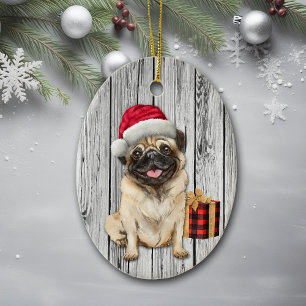 Cute Santa Hat Pug Dog on Wood Background Ceramic Ornament