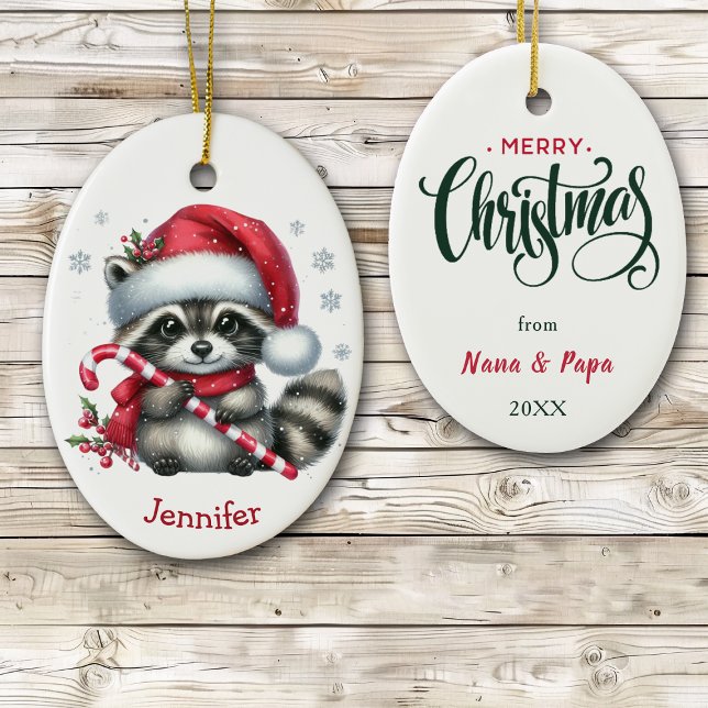 Cute Santa Hat Racoon Christmas Ceramic Ornament (Creator Uploaded)
