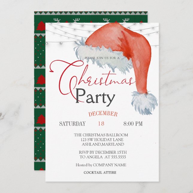 Cute Santa Hat String Lights Christmas Company Invitation (Front/Back)