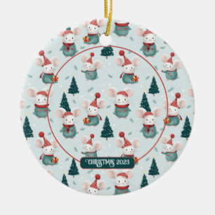 Cute Santa Hat White Mice Christmas Photo Ceramic Ornament