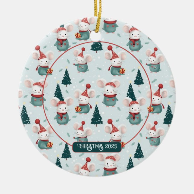 Cute Santa Hat White Mice Christmas Photo Ceramic Ornament (Front)