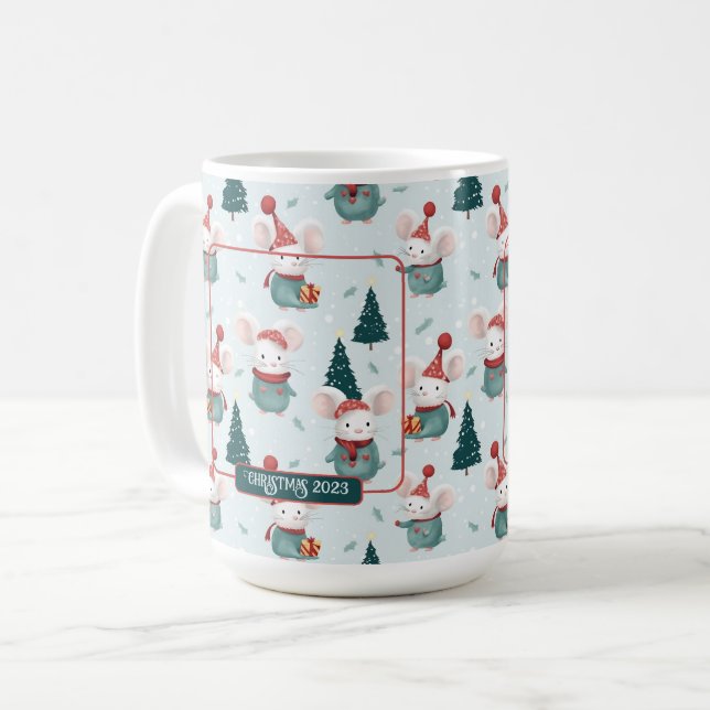 Cute Santa Hat White Mice Christmas Photo Coffee Mug (Front Left)