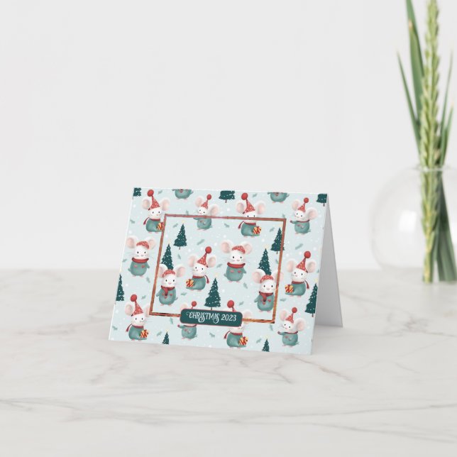 Cute Santa Hat White Mice Christmas Photo Folded Card (Front)