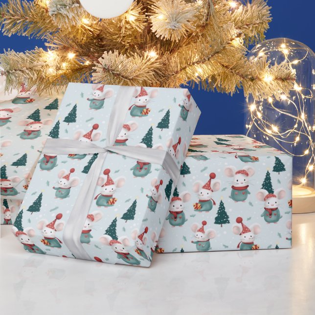 Cute Santa Hat White Mice Christmas Wrapping Paper (Holidays)