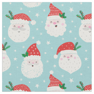 Cute Santa Heads on light blue Fabric
