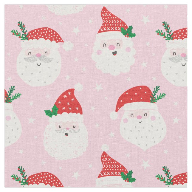 Cute Santa Heads on light pink Fabric (Close Up)