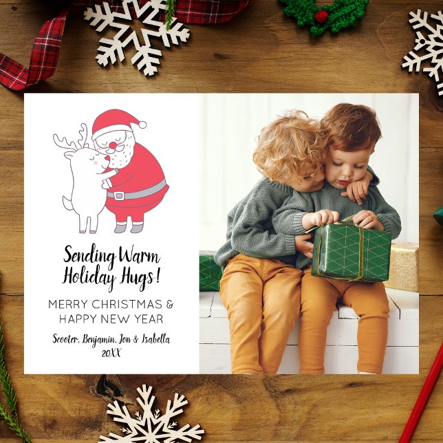 Cute Santa Hugging Reindeer Family Christmas Photo Holiday Card (Creator Uploaded)