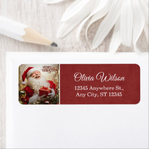 Cute Santa in Sleigh Merry Christmas Red Return Address Label