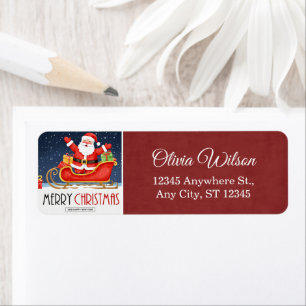 Cute Santa in Sleigh Merry Christmas Red Return Address Label
