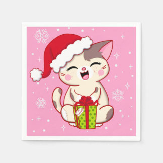 Cute Santa Kitty Pink Christmas Party Napkins