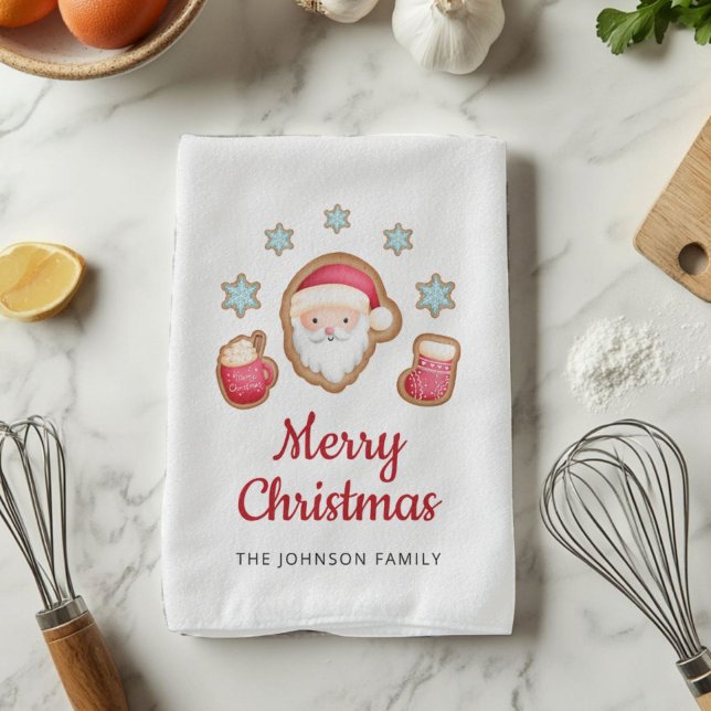 Cute Santa Merry Christmas Tea Towel (Cute Santa Merry Christmas Kitchen Towel)