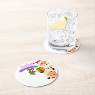 Cute Santa & Mrs. Claus Merry Christmas Greeting  Round Paper Coaster