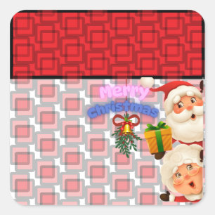 Cute Santa & Mrs. Claus Merry Christmas Greeting Square Sticker