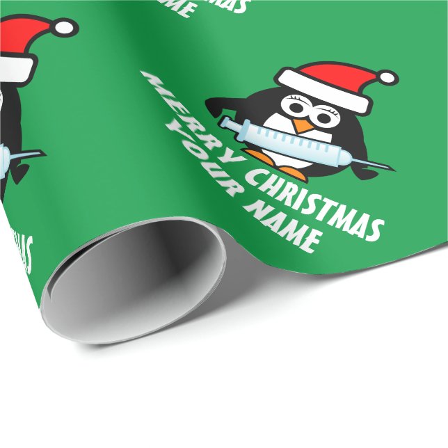 Cute Santa nurse penguin with syringe Christmas Wrapping Paper (Roll Corner)