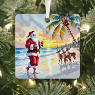 Cute Santa on Beach with Reindeer Personalized Metal Tree Decoration