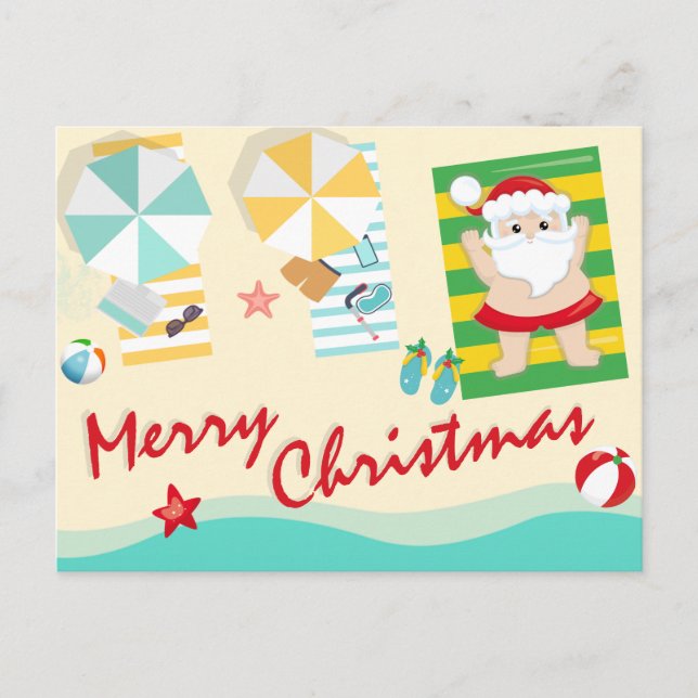 Cute Santa on the Beach Merry Christmas Holiday Postcard (Front)