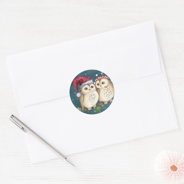 Cute Santa Owls Christmas  Envelope Classic Round  Classic Round Sticker (Envelope)
