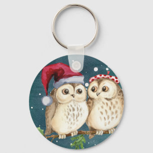 Cute Santa Owls with hats Key Ring
